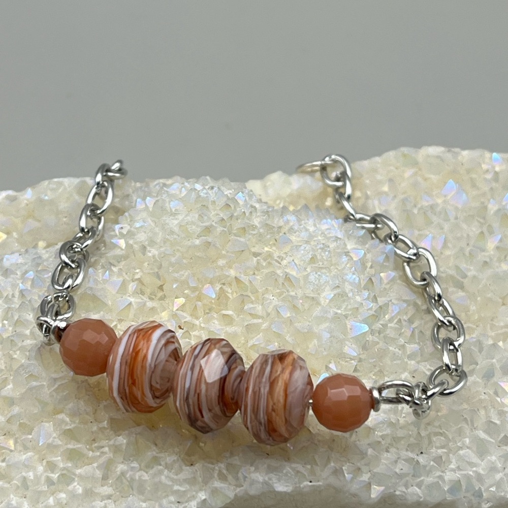 Elegant Silver and Peach and Brown Beaded Bracelet-Vintage Inspired Bracelet